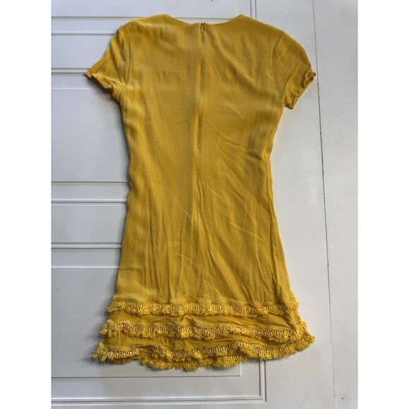 Lulu's Buenos Aires Golden Yellow Crochet Ruffle Short Sleeve Shift Dress Sz S - Picture 6 of 6